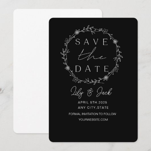 Minimaal Chic Zwart en Wit Save The Date (Voorkant / Achterkant)