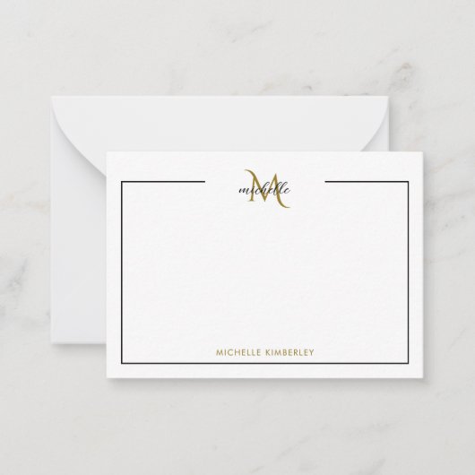 Minimaal chique zwart-gouden monogram notitiekaartje (Voorkant)
