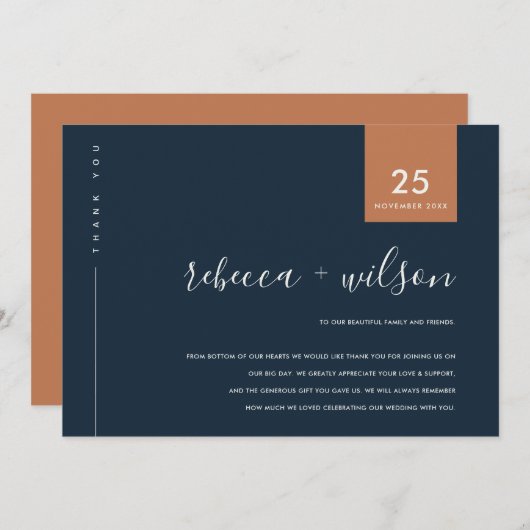 MINIMAAL COOL NAVY RUST ORANJE TYPOGRAPHY WEDING BEDANKKAART (Voorkant / Achterkant)