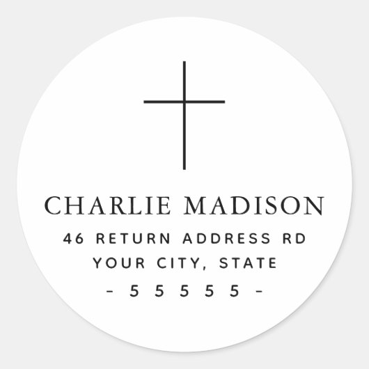 Minimaal cross white retouradres ronde sticker (Voorkant)