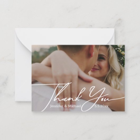 minimaal dank u handgeschreven trouwfoto notitiekaartje (Voorkant)