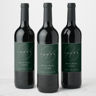 Minimaal diep bosgroen elegant monogram bedrijf wijn etiket