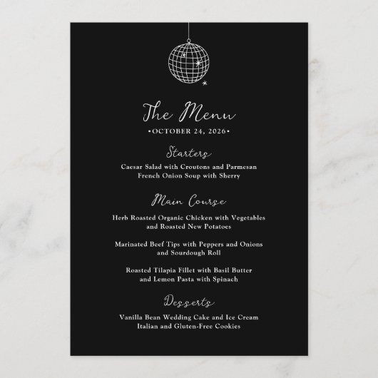 Minimaal discobal | Donkerzwarte bruiloft Menu (Voorkant)