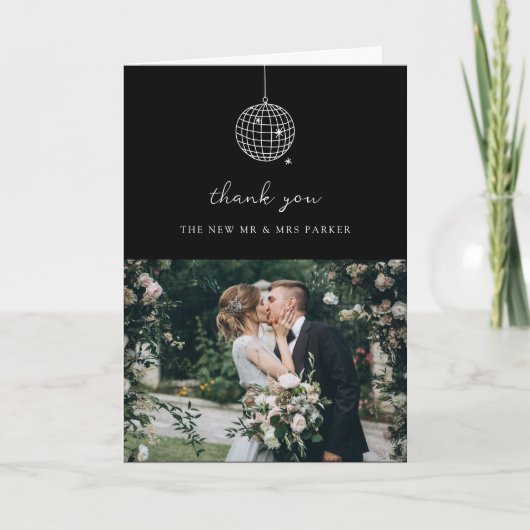 Minimaal discobal met foto | zwarte bruiloft bedankkaart (Voorkant)