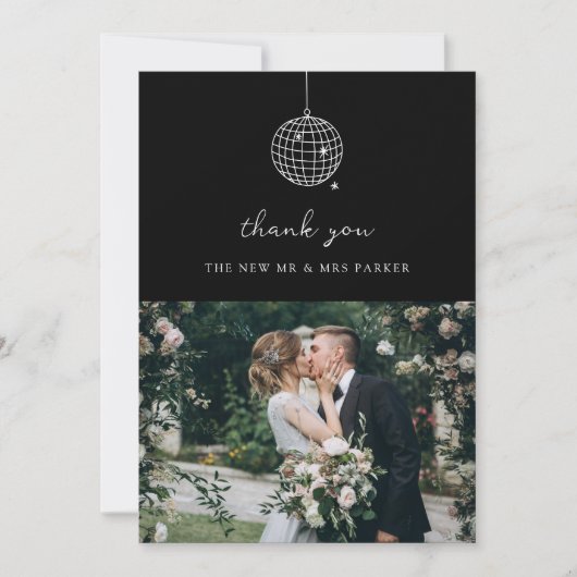 Minimaal discobal met foto | zwarte bruiloft bedankkaart (Voorkant)