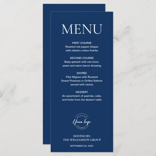 Minimaal Donkerblauw elegant zakelijk evenement lo Menu (Voorkant / Achterkant)