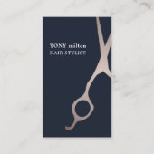Minimaal Donkerblauw Faux Metalen Schaar Haar Zake Visitekaartje (Voorkant)