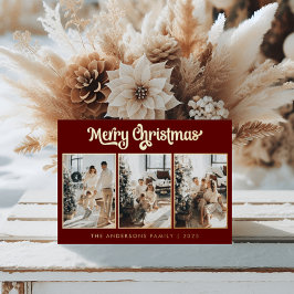 Minimaal drie foto's Bourgogne Red Merry Christmas Folie Feestdagenkaart