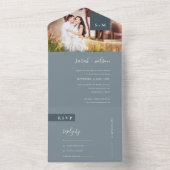 MINIMAAL DUSKY BLUE GRAY MONOGRAM WEDDING FOTO ALL IN ONE UITNODIGING (Binnen)