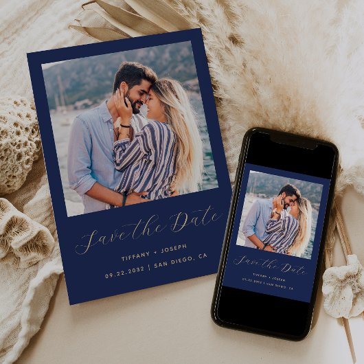 Minimaal Een Foto Script Navyblauw Goud Save The Date
