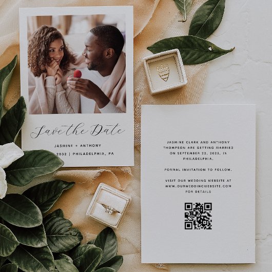 Minimaal Eén Foto Script QR Code Zwart en Wit Save The Date