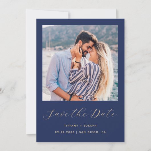Minimaal één fotoscript Navy Blue Gold Save The Date (Voorkant)