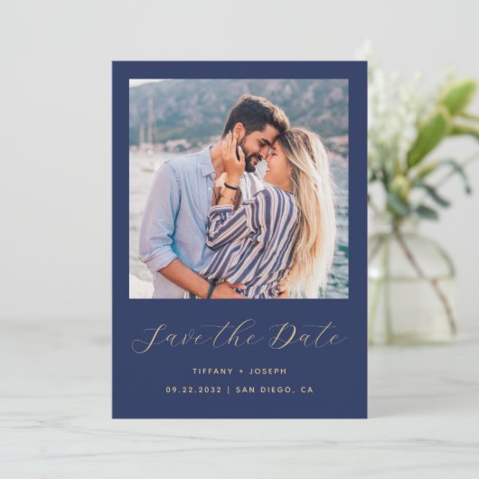 Minimaal één fotoscript Navy Blue Gold Save The Date (Staand voorkant)