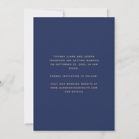 Minimaal één fotoscript Navy Blue Gold Save The Date (Achterkant)
