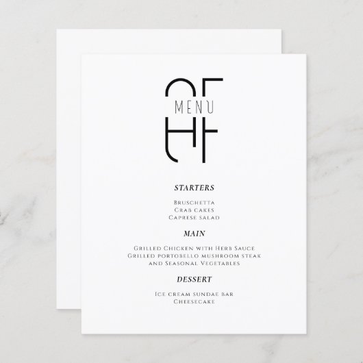Minimaal eenvoudig monogram modern wit Diner Menu (Voorkant / Achterkant)