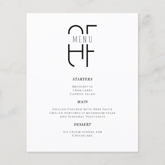 Minimaal eenvoudig monogram modern wit Diner Menu (Voorkant)