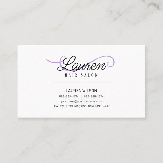 Minimaal Eenvoudig Wit Paarse HairSalon Haarstylis Visitekaartje (Voorkant)