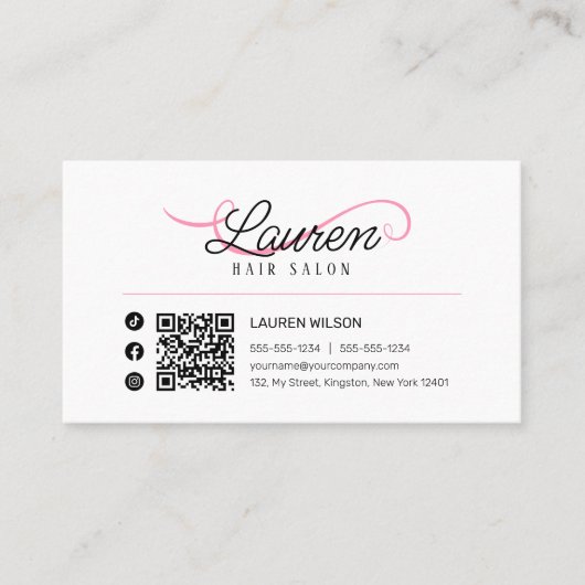 Minimaal Eenvoudig Wit Roze Haarstylist QR Code Visitekaartje (Voorkant)