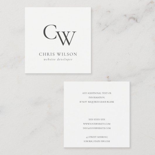 Minimaal eenvoudig zwart-wit monogram Initiaal Vierkante Visitekaartje (Voorkant / Achterkant)