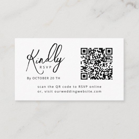 Minimaal Elegant B&W Script QR code Trouwen RSVP Informatiekaartje (Voorkant)