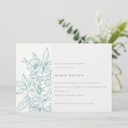 Minimaal Elegant Blauwgroen Floral Sketch Vrijgeze Kaart (Staand voorkant)