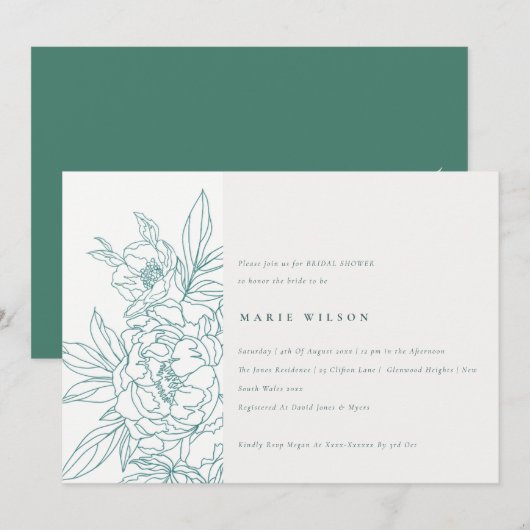 Minimaal Elegant Blauwgroen Floral Sketch Vrijgeze Kaart (Voorkant / Achterkant)