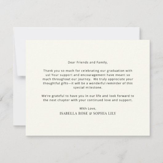 Minimaal Elegant Bloemen Dubbele Tweeling Afstuder Bedankkaart (Achterkant)