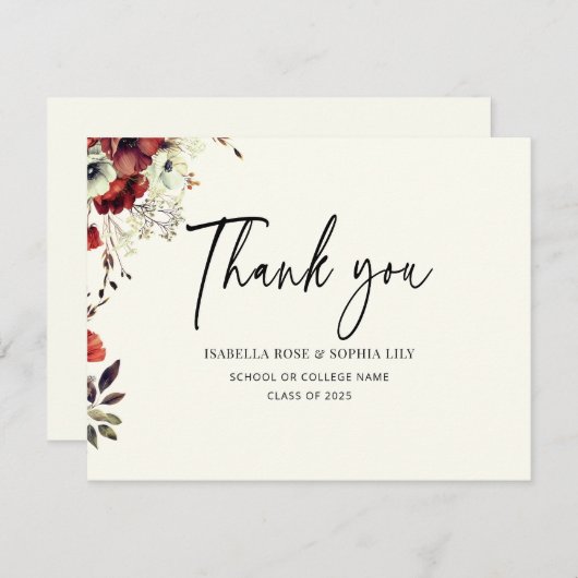 Minimaal Elegant Bloemen Dubbele Tweeling Afstuder Bedankkaart (Voorkant / Achterkant)