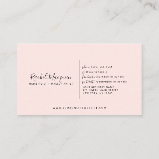 Minimaal elegant Blush Pink White Script Klantenkaartje (Achterkant)