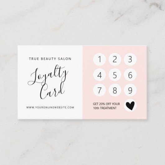 Minimaal elegant Blush Pink White Script Klantenkaartje (Voorkant)