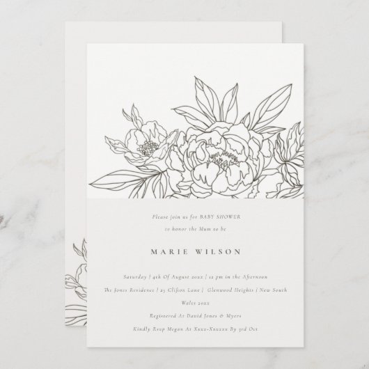 Minimaal Elegant Brown Floral Sketch Baby shower Kaart (Voorkant / Achterkant)