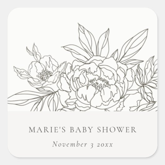 Minimaal Elegant Brown Floral Sketch Baby shower Vierkante Sticker (Voorkant)