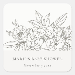 Minimaal Elegant Brown Floral Sketch Baby shower Vierkante Sticker