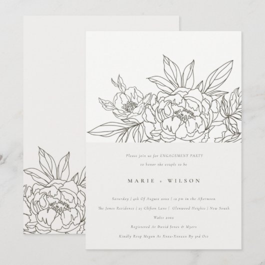 Minimaal Elegant Brown Floral Sketch Verloving Kaart (Voorkant / Achterkant)