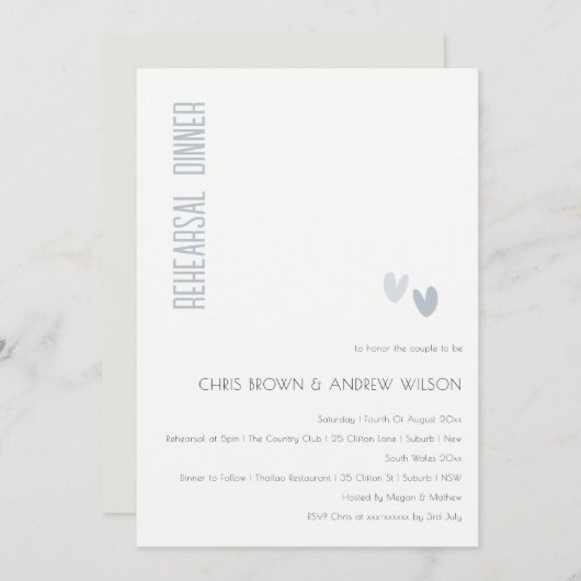 Minimaal Elegant Dusky Blue Hearts repesal Dinner Kaart (Voorkant / Achterkant)