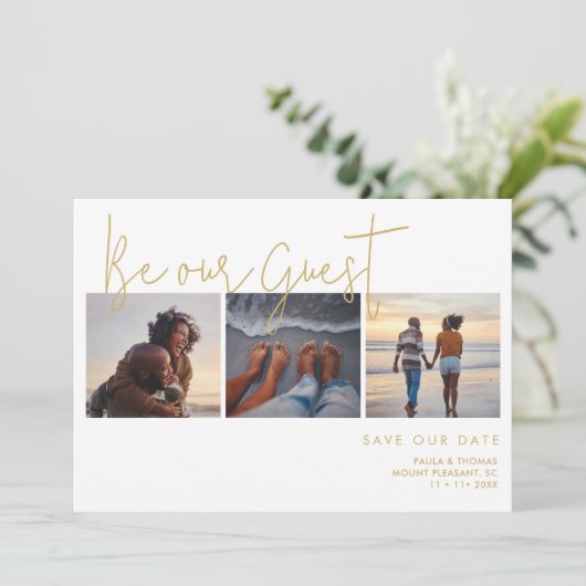 Minimaal Elegant Fake Gold Effect 3 Foto's Weddens Save The Date (Staand voorkant)