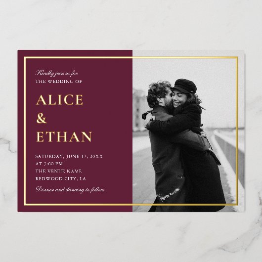 Minimaal Elegant Foto Herfst Marsala bruiloft Folie Uitnodiging (Voorkant)