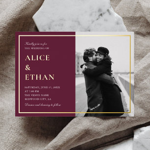 Minimaal Elegant Foto Herfst Marsala bruiloft Folie Uitnodiging