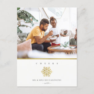 Minimaal Elegant Gold Snowflake Photo Cheers Feestdagenkaart