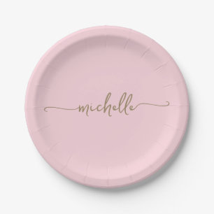 Minimaal Elegant Goud Monogram Script Blush Pink Papieren Bordje