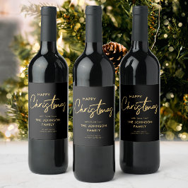 Minimaal Elegant Goud Zwart Gelukkig Kerstmis Fami Wijn Etiket