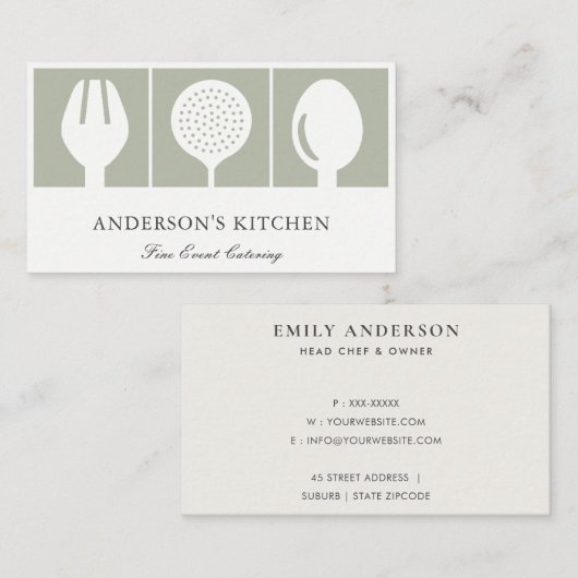 MINIMAAL ELEGANT GRAY WHITE SKIMMER SPOON FORK CHE VISITEKAARTJE (Voorkant / Achterkant)