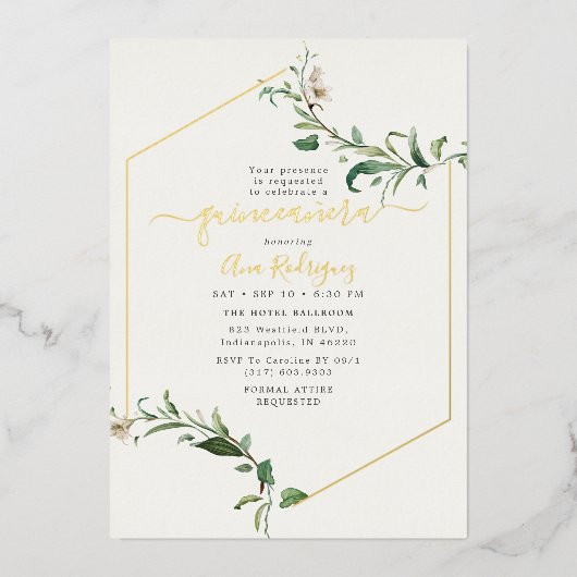 Minimaal Elegant Greenery Floral Quinceañera Gold Folie Uitnodiging (Voorkant)