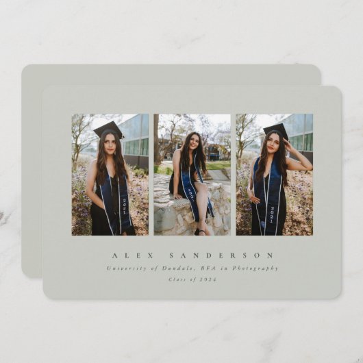 Minimaal Elegant grijs-groen drievoudig Afstuderen Aankondiging (Voorkant / Achterkant)