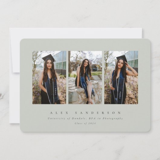 Minimaal Elegant grijs-groen drievoudig Afstuderen Aankondiging (Voorkant)