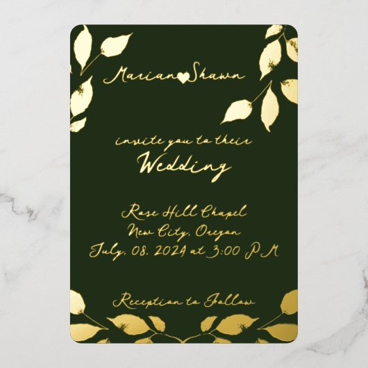 Minimaal Elegant Groen Goud Bladeren Folie Uitnodiging (Voorkant)