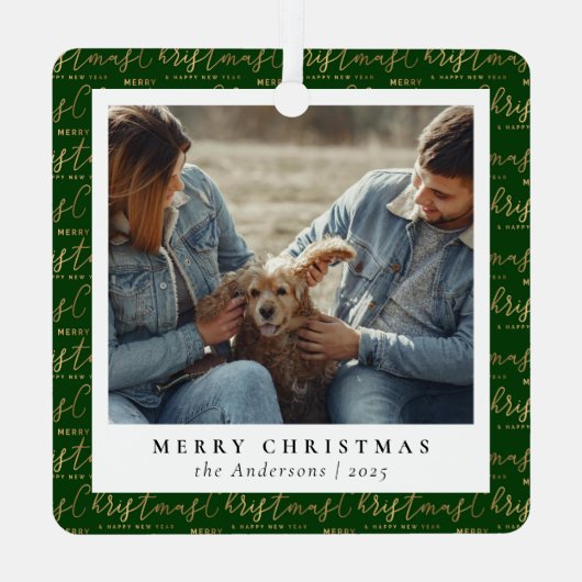 Minimaal Elegant Groen Goud Kerstpaar Foto Metalen Ornament (Achterkant)