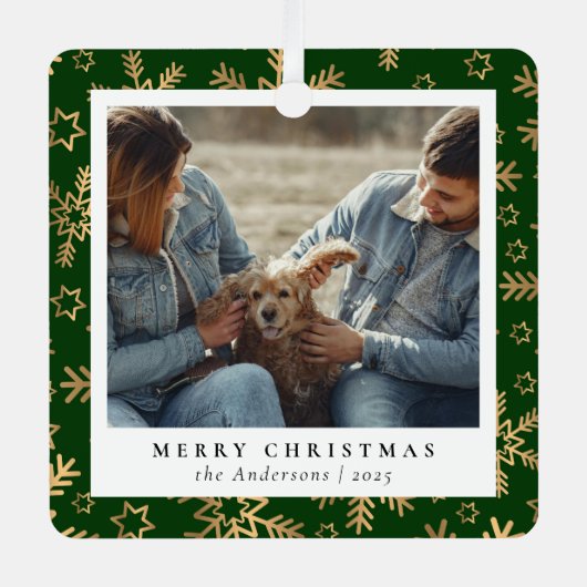 Minimaal Elegant Groen Goud Kerstpaar Foto Metalen Ornament (Voorkant)