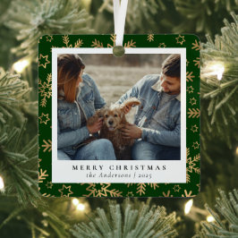 Minimaal Elegant Groen Goud Kerstpaar Foto Metalen Ornament