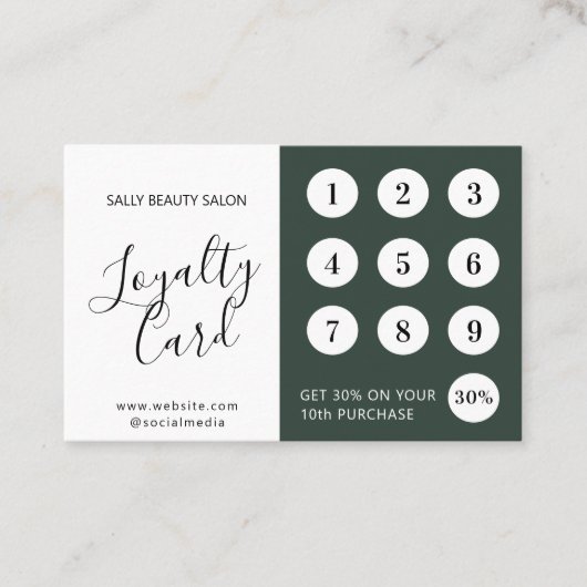 Minimaal Elegant Groen Wit Script Klantenkaartje (Voorkant)